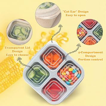 6'lı Paket Yemek Hazırlama Kapları, 4 Bölmeli Bento Atıştırmalık Kutuları, Yetişkinler, Çocuklar, Küçük Çocuklar, Seyahat, İş, Okul için Yeniden Kullanılabilir Bölünmüş Öğle Yemeği