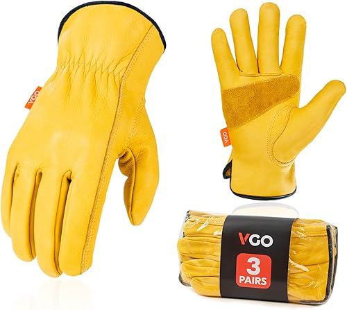 Vgo... 3 pares de guantes de trabajo y conductor de cuero de grano de vaca sin forro con parche de palma de cuero dividido (talla M, oro, CA9590)