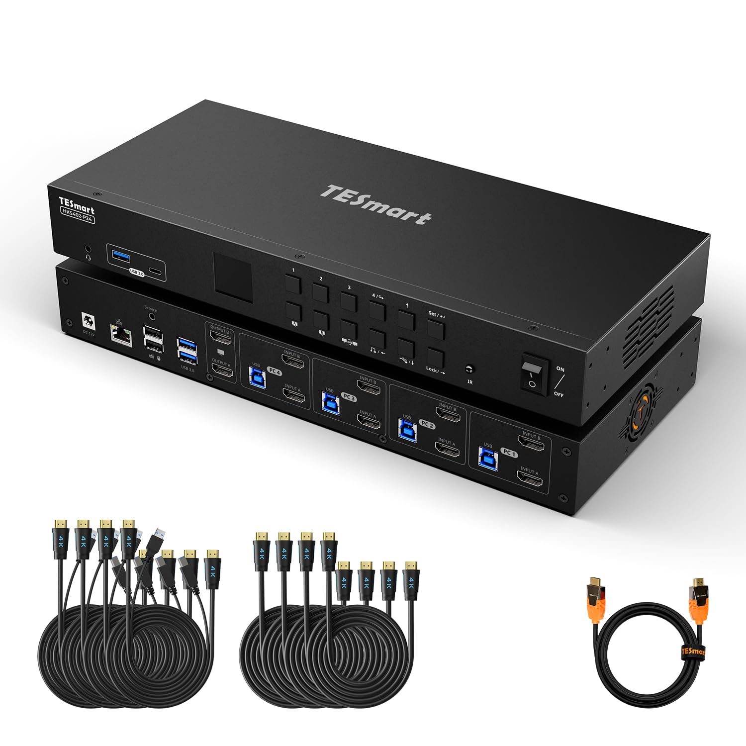 TESmart Pack 4K@60Hz HDMI KVM Switch 2 Moniteurs 4 PC usb3.0 avec 8K HDMI 2.1 Câble 2 m