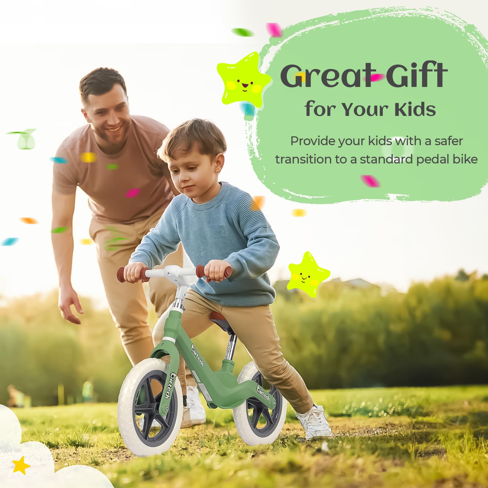 H.yeed Bicicletta di equilibrio da 12" per bambini, leggera senza pedali con telaio in nylon e pneumatici antiforatura, bicicletta da allenamento regolabile per età 3-6 anni