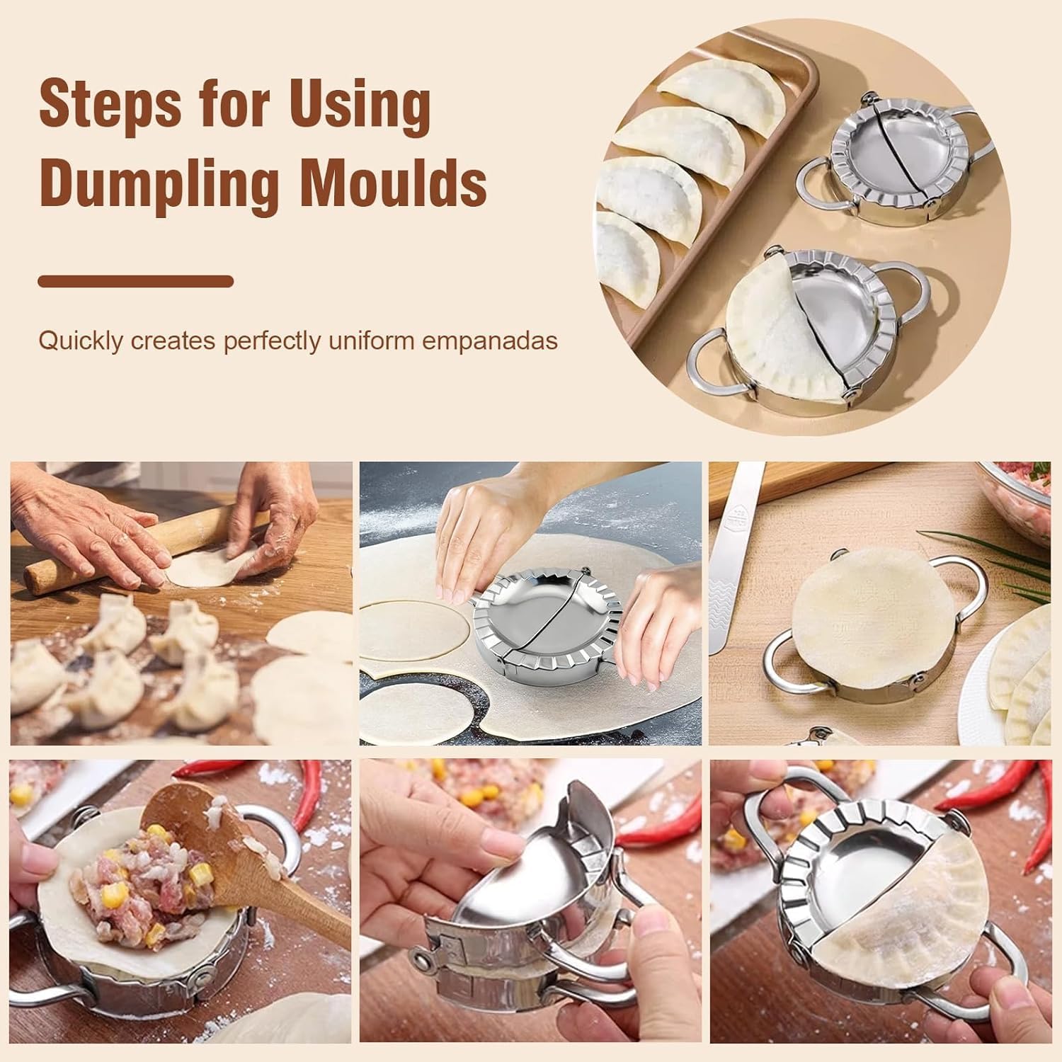 3-Inch Stainless Steel Empanada Press & Dumpling Maker, 2-in-1 Dough Cutter and Mold for Empanadas, Pierogi, Ravioli (3inch)