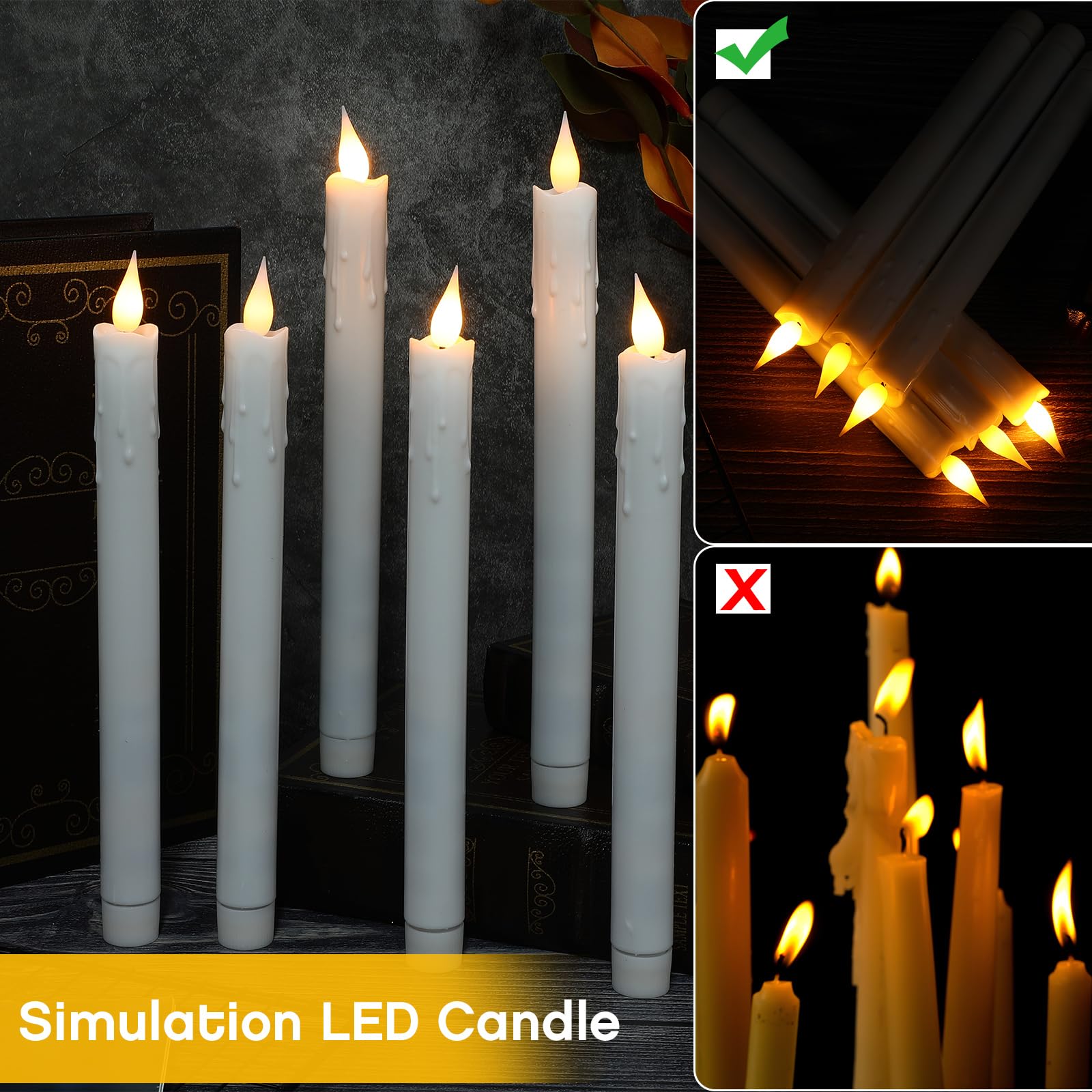 Baquler Lot de 24 bougies coniques sans flamme à piles - Simulation de cire qui coule - Bougies LED vacillantes pour mariage, Saint-Valentin, dîner, décoration d'intérieur - Blanc