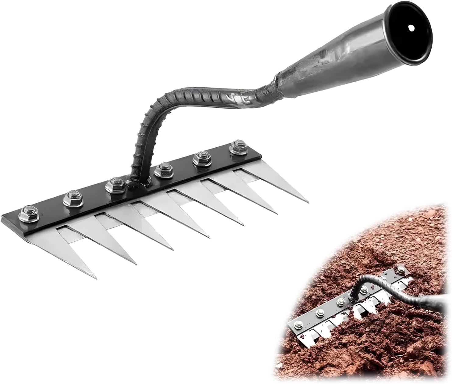 6 Teeth Garden Weeding Rake, Carbon Steel Garding Weeding Tool, Replaceable Blade, Iron Weeding Rake for Dethatching, Lawn Yard and Garden Farm Loosening (7 Teeth)