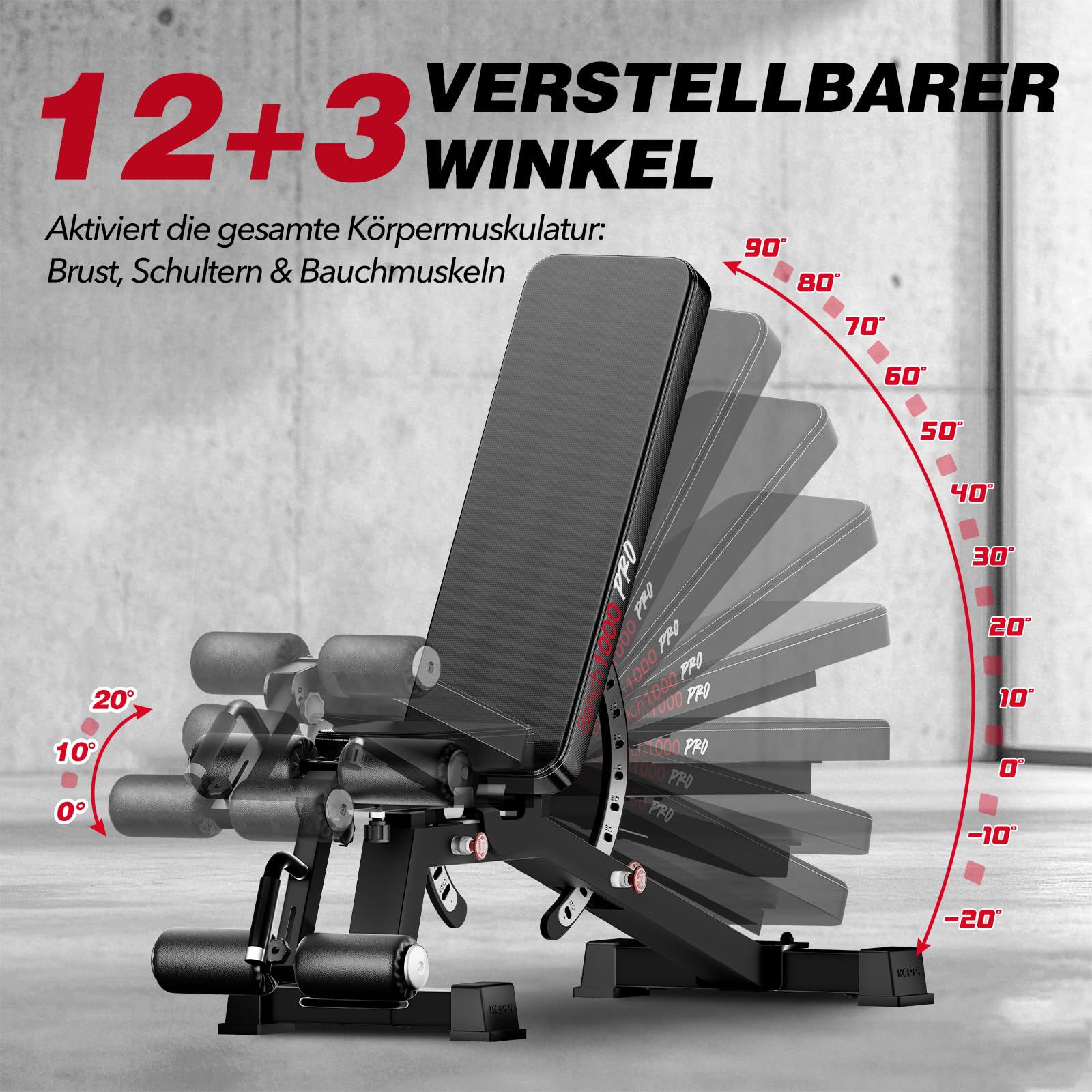 Keppi Hantelbank Verstellbar, mit 600 kg Kapazität, Schrägbank & Flachbank für Heim-Fitness, Multifunktionale Trainingsbank für Bankdrücken, Krafttraining und Ganzkörper Workouts - Bench1000 Pro