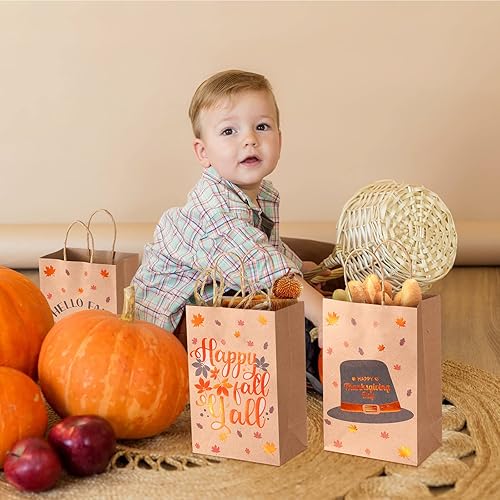Miniatura 5 de Yexiya Bolsas de regalo de otoño a granel de papel kraft de Acción de Gracias, bolsas de dulces de otoño con asas, bolsas de golosinas de otoño para