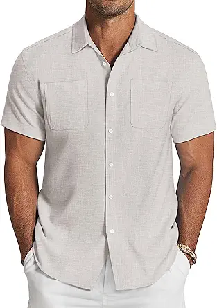 COOFANDY Men's Linen Shirt Beach Summer Short Sleeve Button Down Casual Shirts