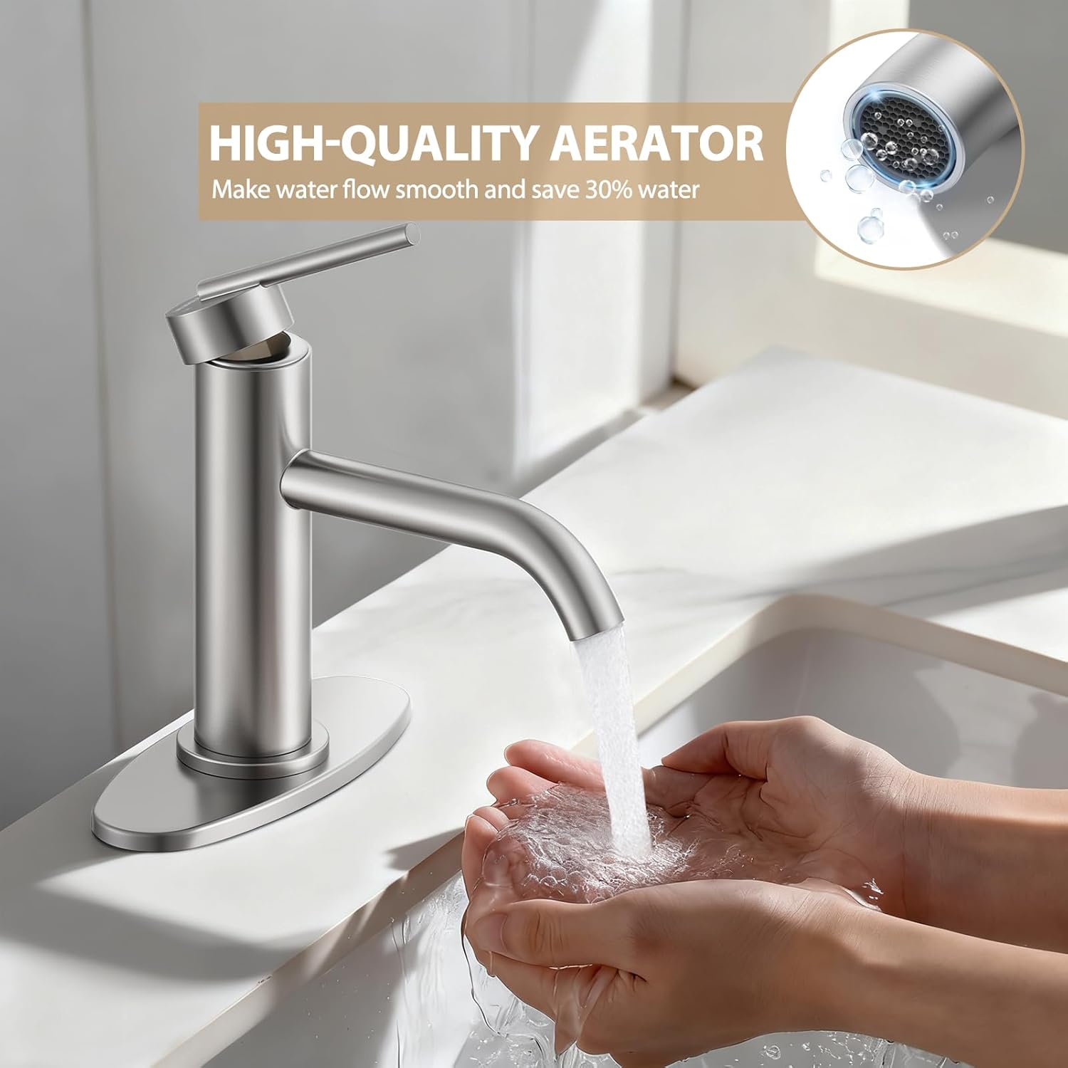 Brushed Nickel Bathroom Faucet for Single Handle， HURRAN Bathroom Faucet 1 Hole with Pop-up Drain and Deck, Fits 1 Hole or 3 Hole Installations for Vanity, Bathroom & RV