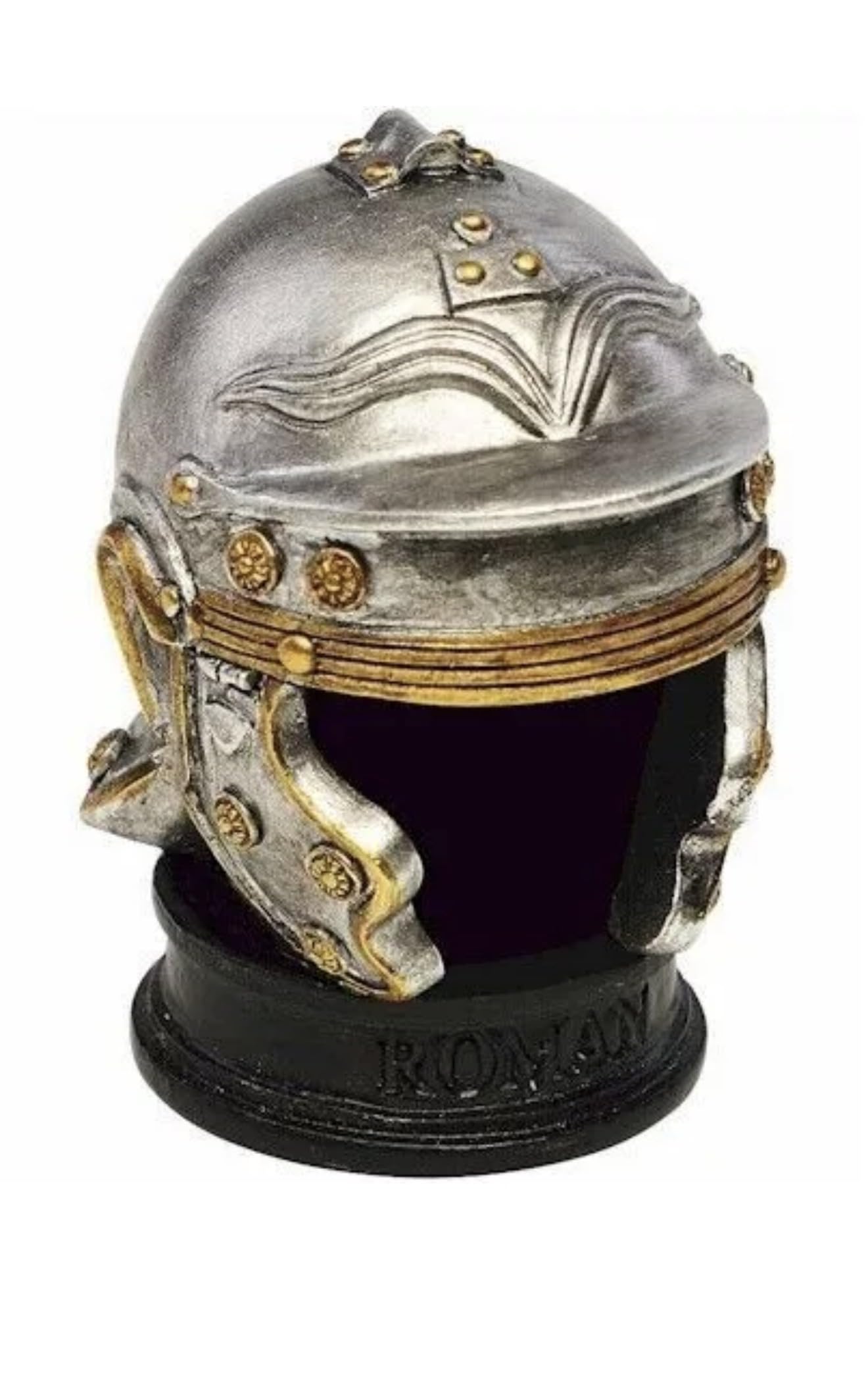 Miniature Roman Centurion Soldier's Helmet, Hand Painted Resin, 7cm Tall with Inscribed Base