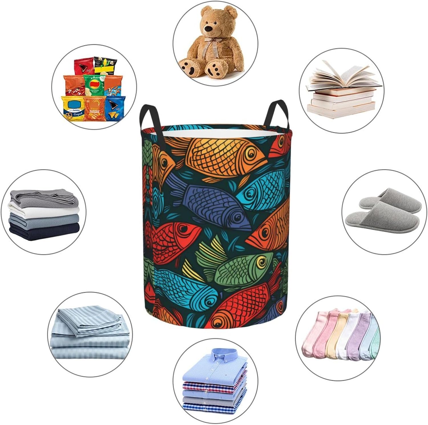 Colorful fish pattern Round Single-layer Laundry Basket, Portable Storage Laundry Basket, Bedroom Clothes Storage Basket with Handle