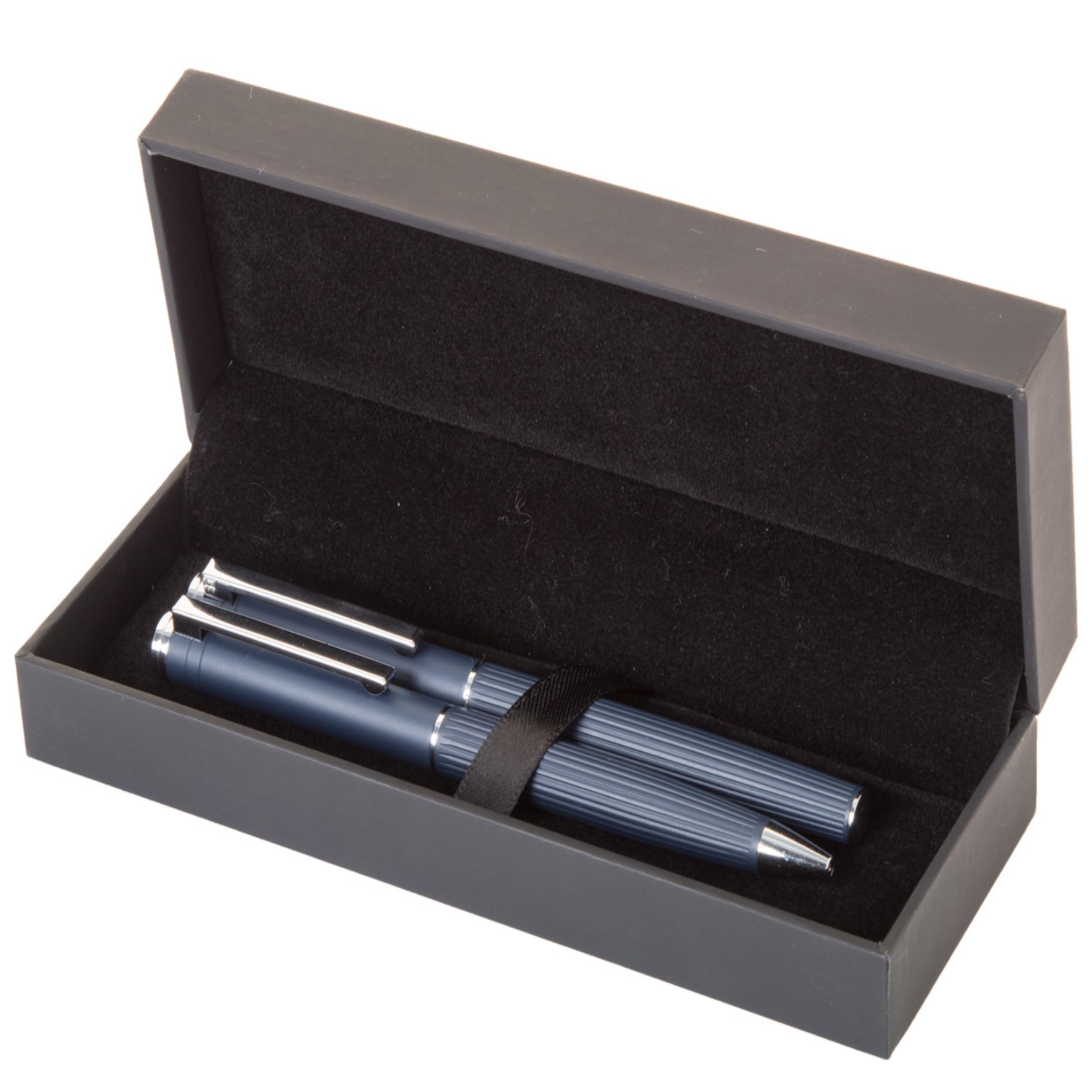 noTrash2003 Ensemble stylo à bille et stylo roller élégant avec corps en aluminium à texture rayée, coffret cadeau noir avec recharge bleue, fournitures de bureau, idée cadeau (bleu)