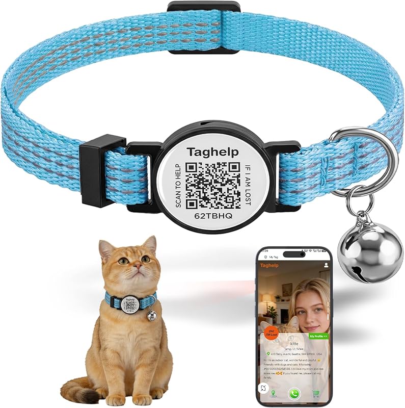 Coleira para Gatos com Plaquinha QR Code, Guizo e Faixa Refletiva Taghelp Azul