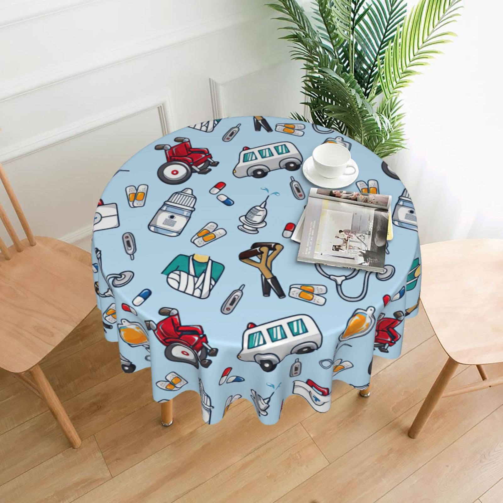 SDEGTHO Cartoon tools Print Modern Retro Round Tablecloth 60in Polyester Fabric Cover for Party Dining Table Washable