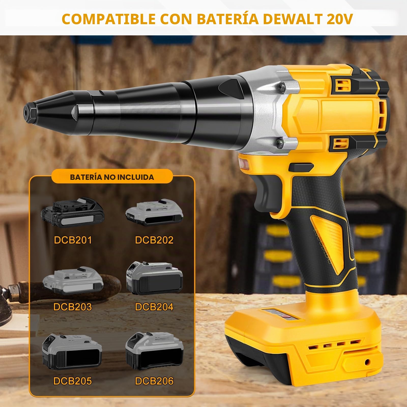 Remachadora Inalámbrica Profesional para Dewalt 20V (sin Batería) | Pistola de Remache sin Escobillas, Luz LED, 3 Adaptadores, 60 Remaches y Llave, para Metal y Plástico