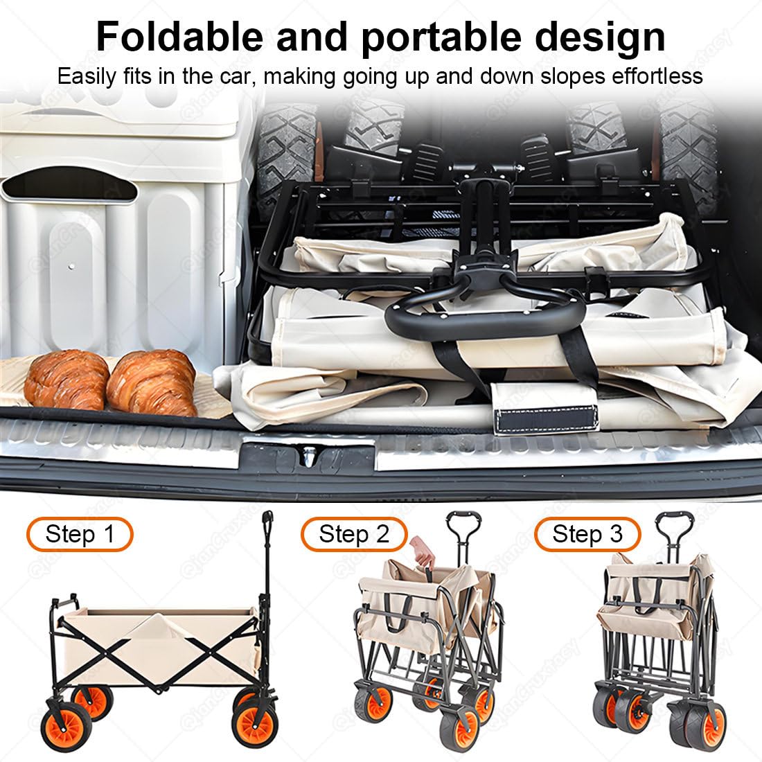 Carrello pieghevole da campeggio con manico regolabile, ruote da 10 cm e doppio sistema frenante per spiaggia, giardino, picnic, shopping e trasporto bagagli