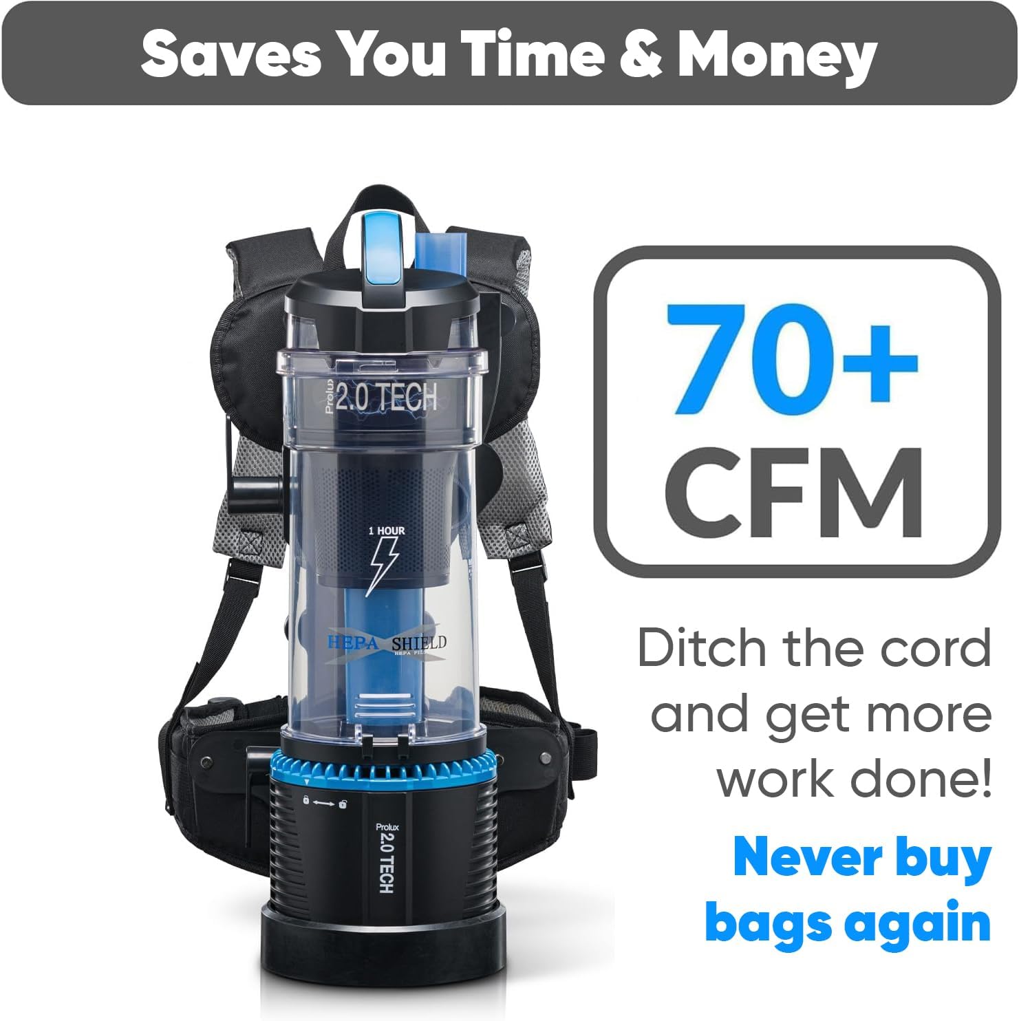 Prolux 2.0 Cordless Lightweight Bagless Backpack Vacuum – Only 11 lbs, 1 Hour Runtime