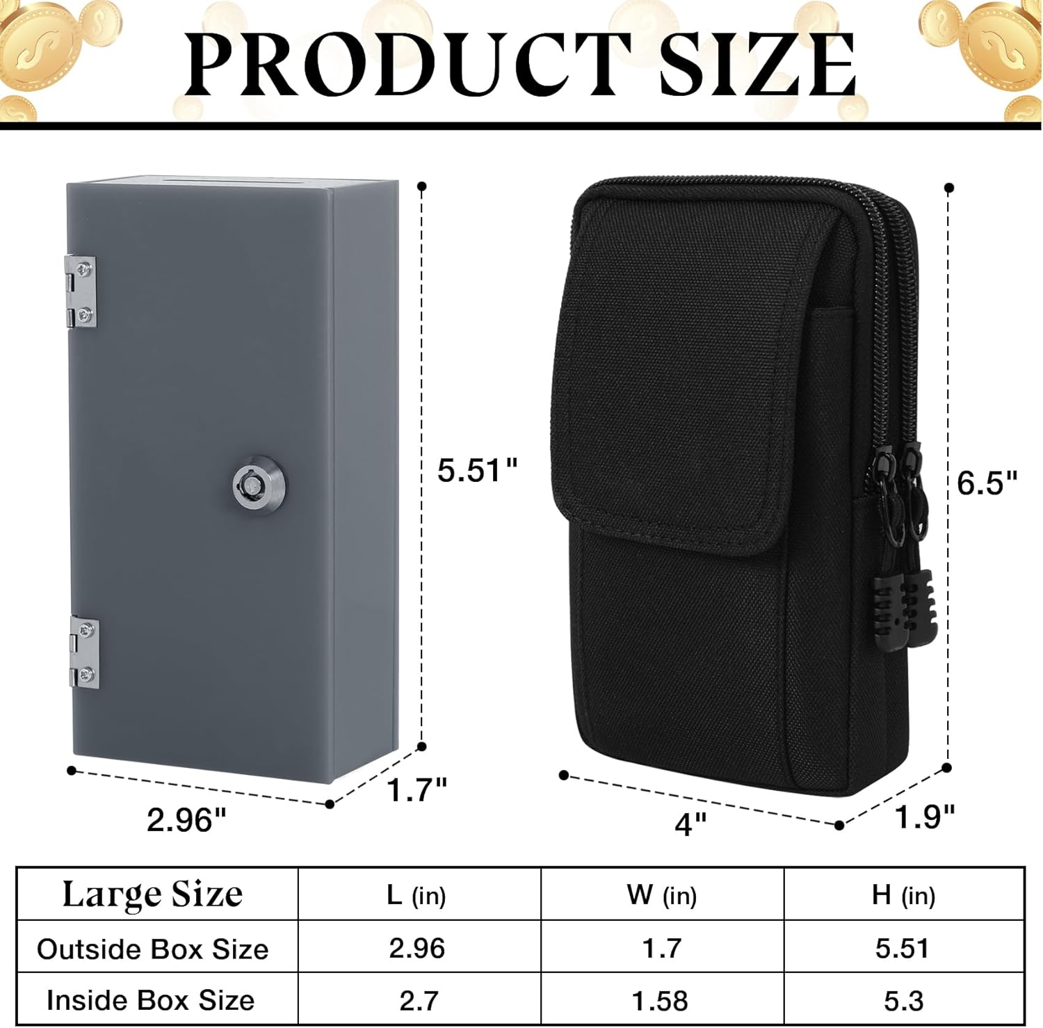 Acrylic Cash Box Extra Large Grey Winners Bank with 2 Keys, Slot, Storage Waist Bag, Portable Lock Box for Casino Cash Money Safe Lock Box for Gambler, Christmas Gift for Men, 1Pack
