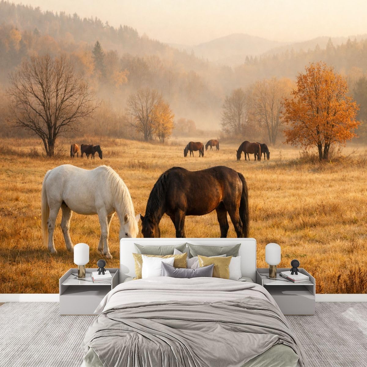 Peel and Stick Wallpaper Removable Mural for Bedroom Horses Golden Autumn Field Sunset Rustic Countryside Landscape Textured Vinyl Wallpaper Renter Friendly Adhesive Wall Stickers & Murals