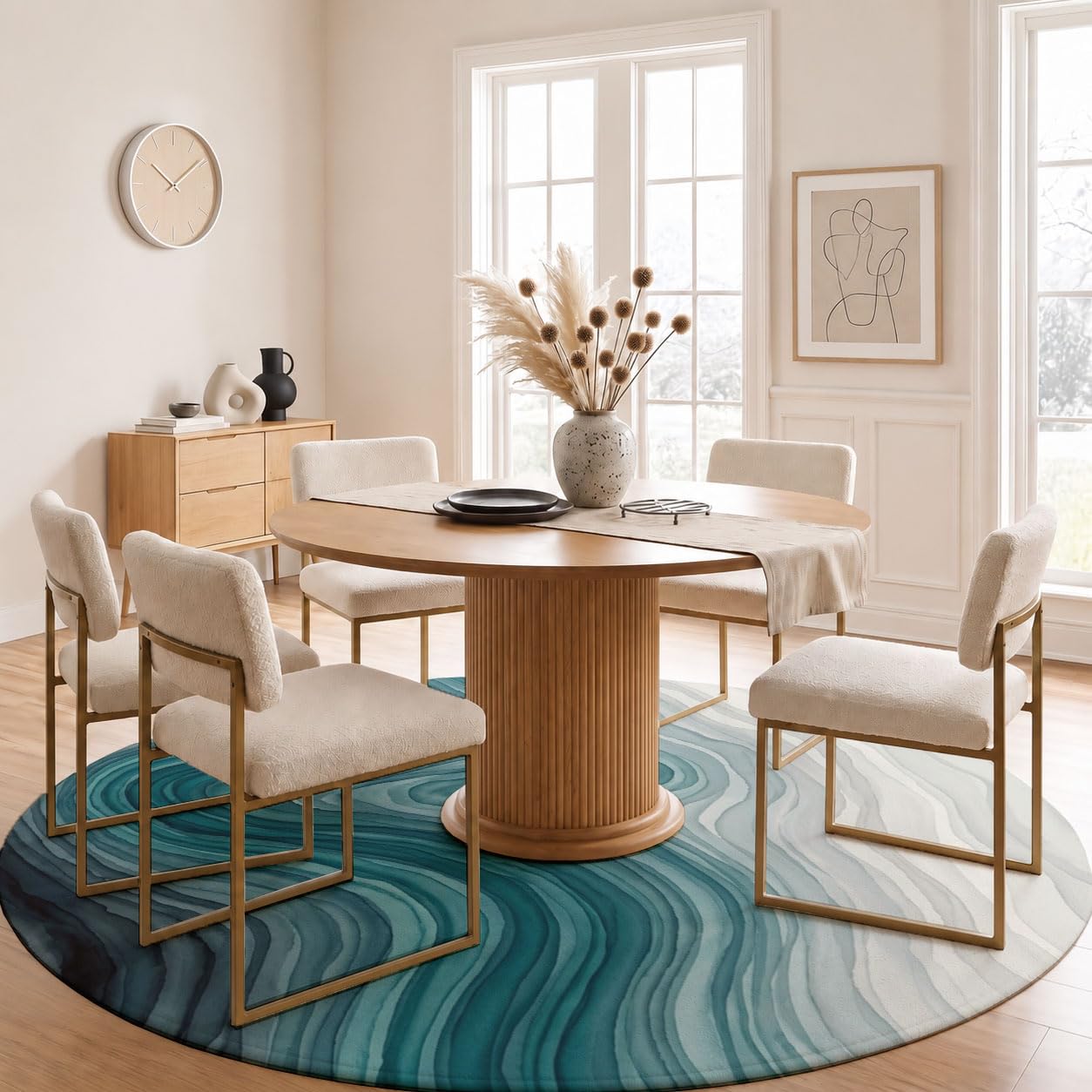 Tapis Rond 180cm Texture Ondulée À Gradient pour Chambre | Art Abstrait À L'Aquarelle Rond Tapis Antidérapant Lavable en Machine Cuisine Salon Adulte Interieur Bureau Cuisine Decoration