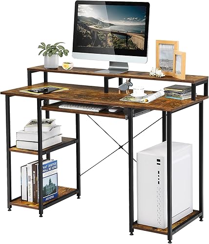 Escritorio para computadora de 47 pulgadas con gabinete, escritorio de oficina rústico con estantes de almacenamiento, bandeja para teclado y