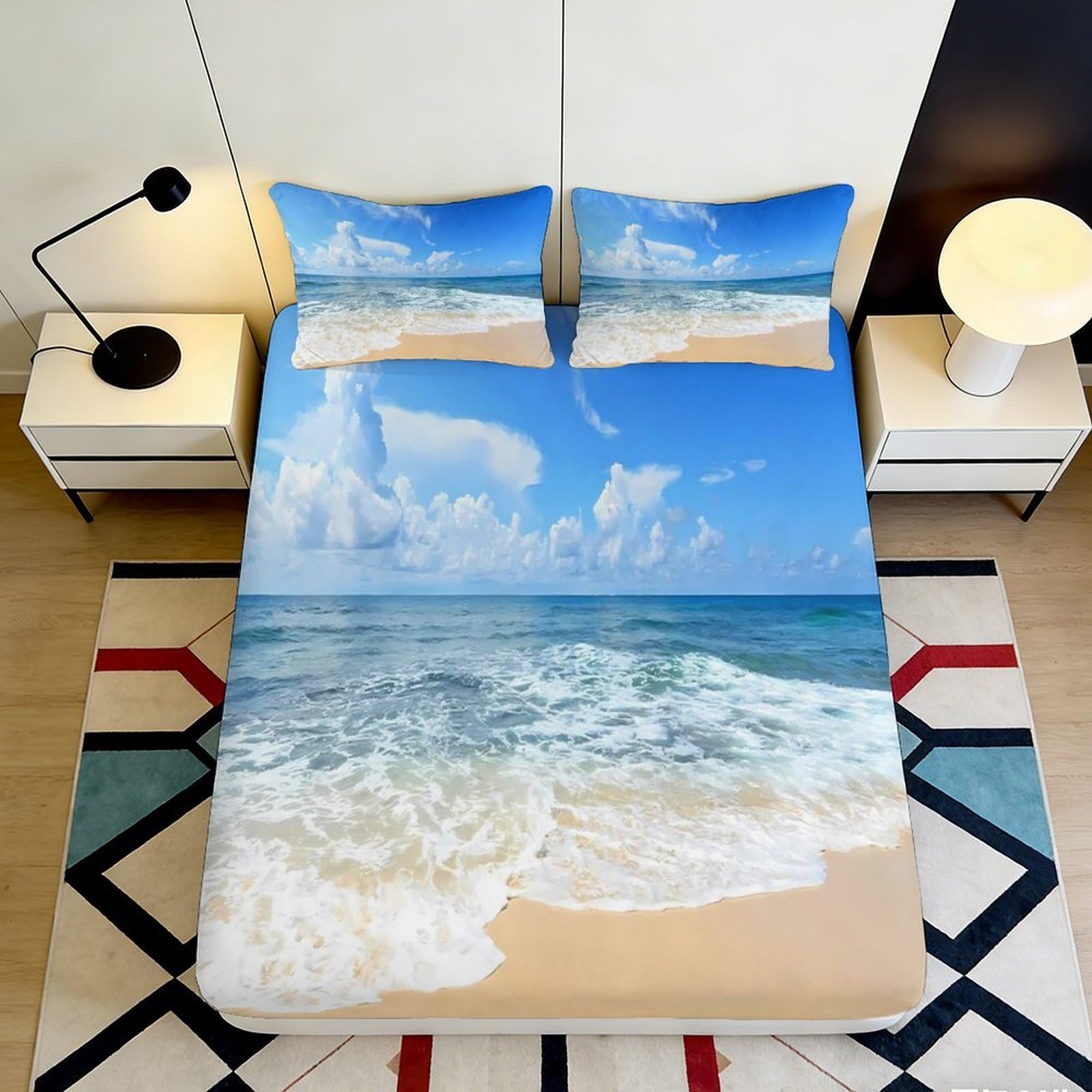 3D Printed Ocean Beach Fitted Sheet Microfiber Soft Breathable Seaside Wave Bed Cover for Bedroom Dormitory Guest Room Mattress Protection Decor 140x200x25cm