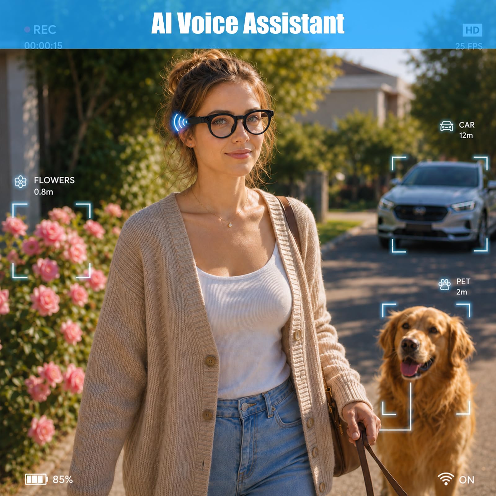 AI Smart Glasses con fotocamera 800W HD, 164 lingue, occhiali per uomo e donna, registrazione video 1080p, riconoscimento oggetti, Bluetooth, audio aperto, assistente vocale (nero1)