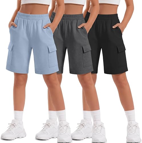 YooAurvox 3 Pack Girls' Bermuda Cargo Shorts, 3-Color, 11-12 Years
