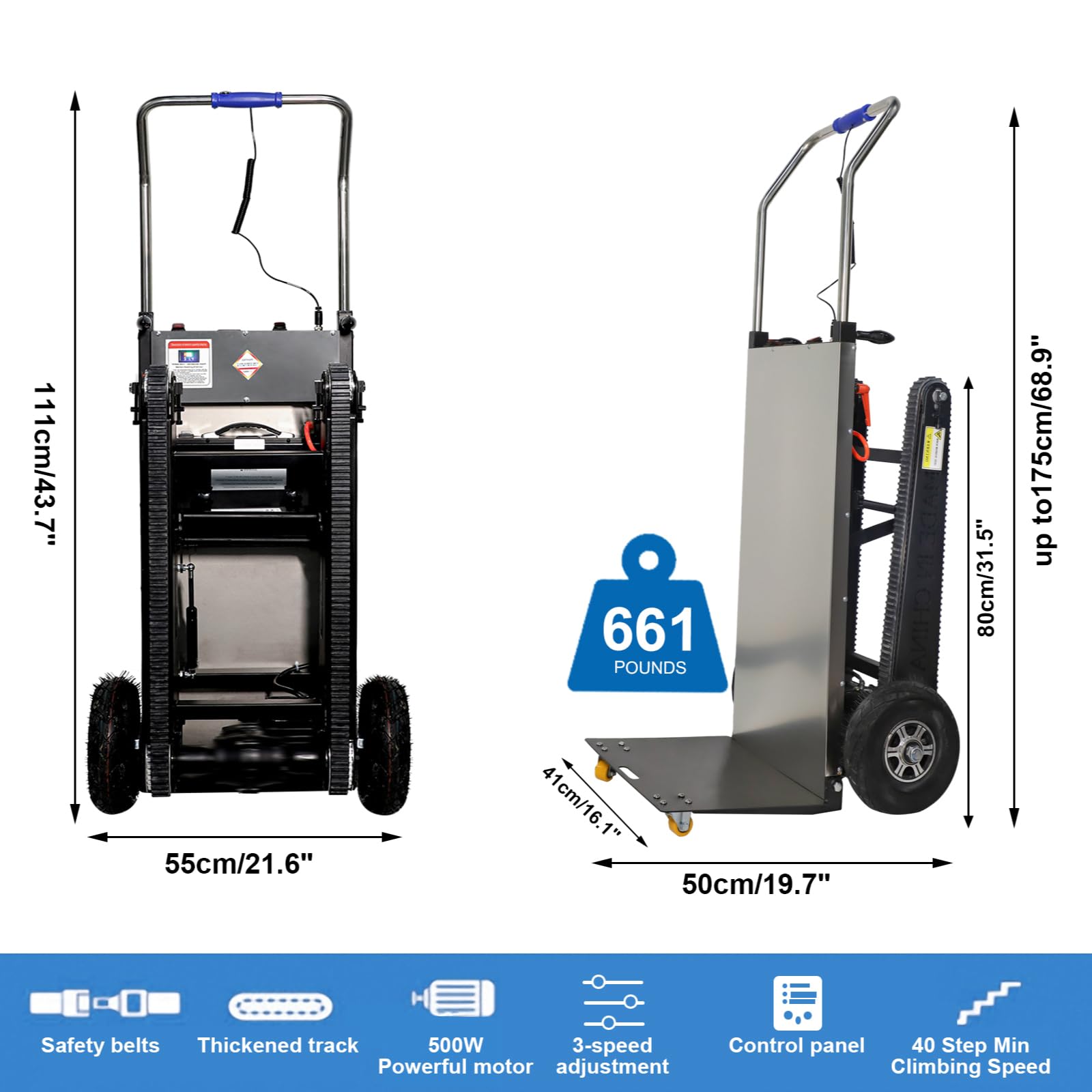 Camiones de mano de capacidad de carga de 660 libras resistentes, carrito de mano de 500 W, carretilla eléctrica para subir escaleras con pistas de goma