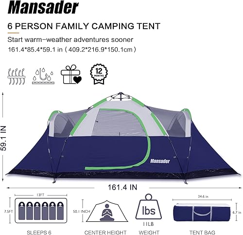 Miniatura 3 de 6 Person Family Camping Tent,Waterproof Windproof with Top Rainfly,Easy Set Up,Pop Up Tent for Outdoor Camping Hiking Trave