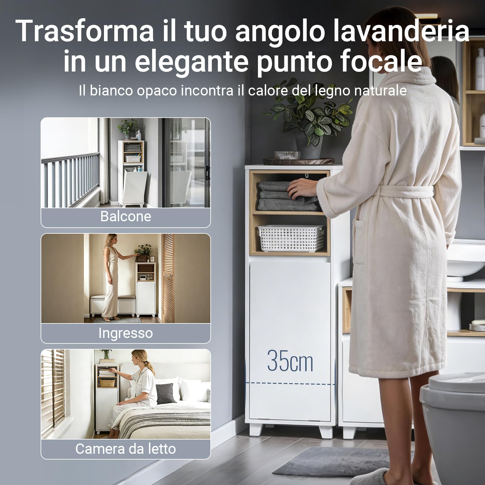 SoBuy Mobile Bagno Salvaspazio con Cesto Portabiancheria – Mobiletto Cassettiera Bagno, Mobile Lavanderia Bianco, 35 x 30 x 105 cm, BZR146-W