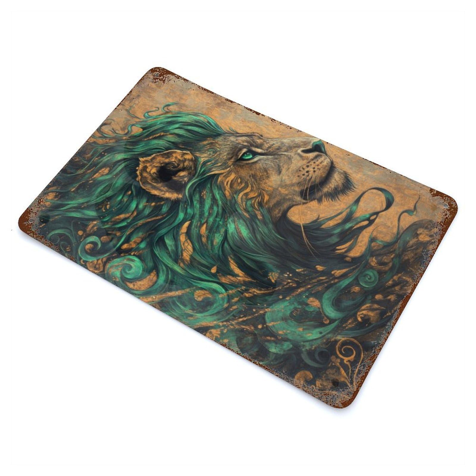 Emerald And Bronze Lion Aged Metal Wall Plaque 11.8"x7.9", for Living Room, Hallway And Home Decor, Shabby Chic Decor