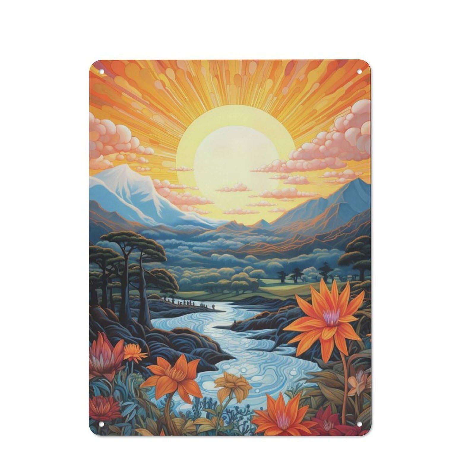 Junmoney Vibrant Landscape With River And Flowers Vintage Tin Sign 40X30cm Featuring Industrial Wall Art For Garage, Workshop, Shed Or Utility Room