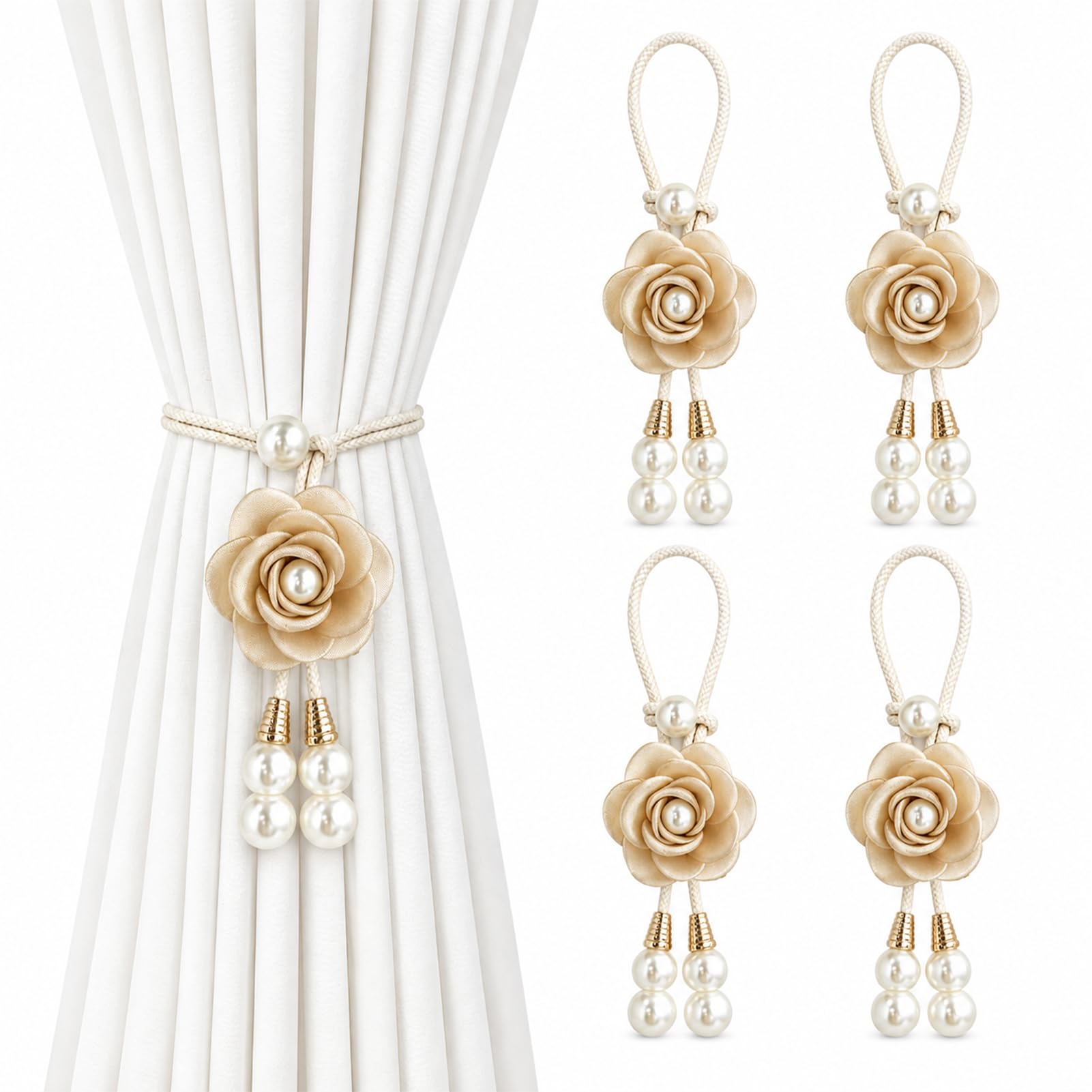4 PCs Floral Curtain Tiebacks Beige Camellia Bread Rope Knot