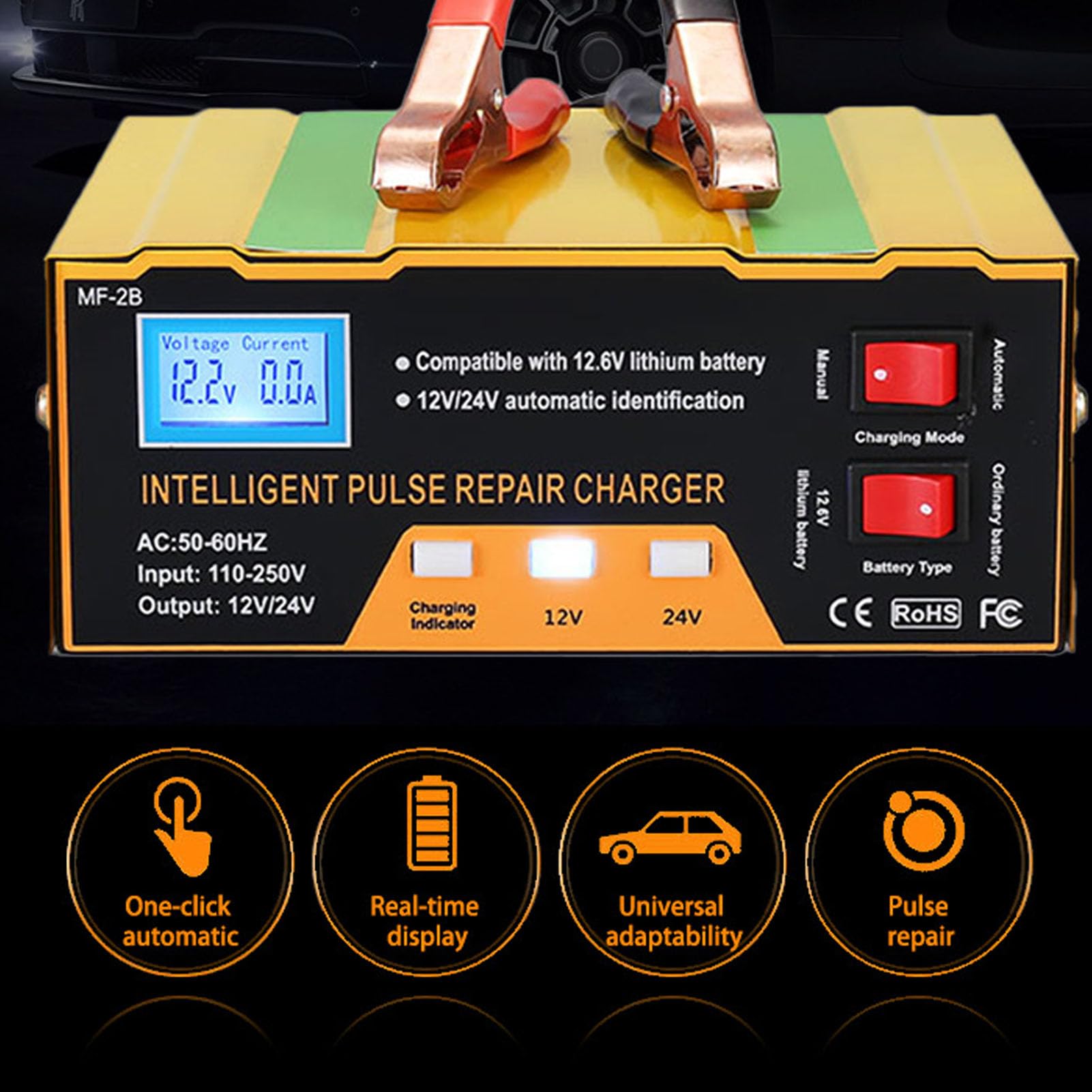 Fockety Cargador de Batería para Automóvil, 12V 10A 24V 7.5A 180W Mantenedor de Batería Automático Inteligente, para Deportes de Potencia, Botes, Cortacésped, Motocicletas y Marinos (Enchufe de la UE)