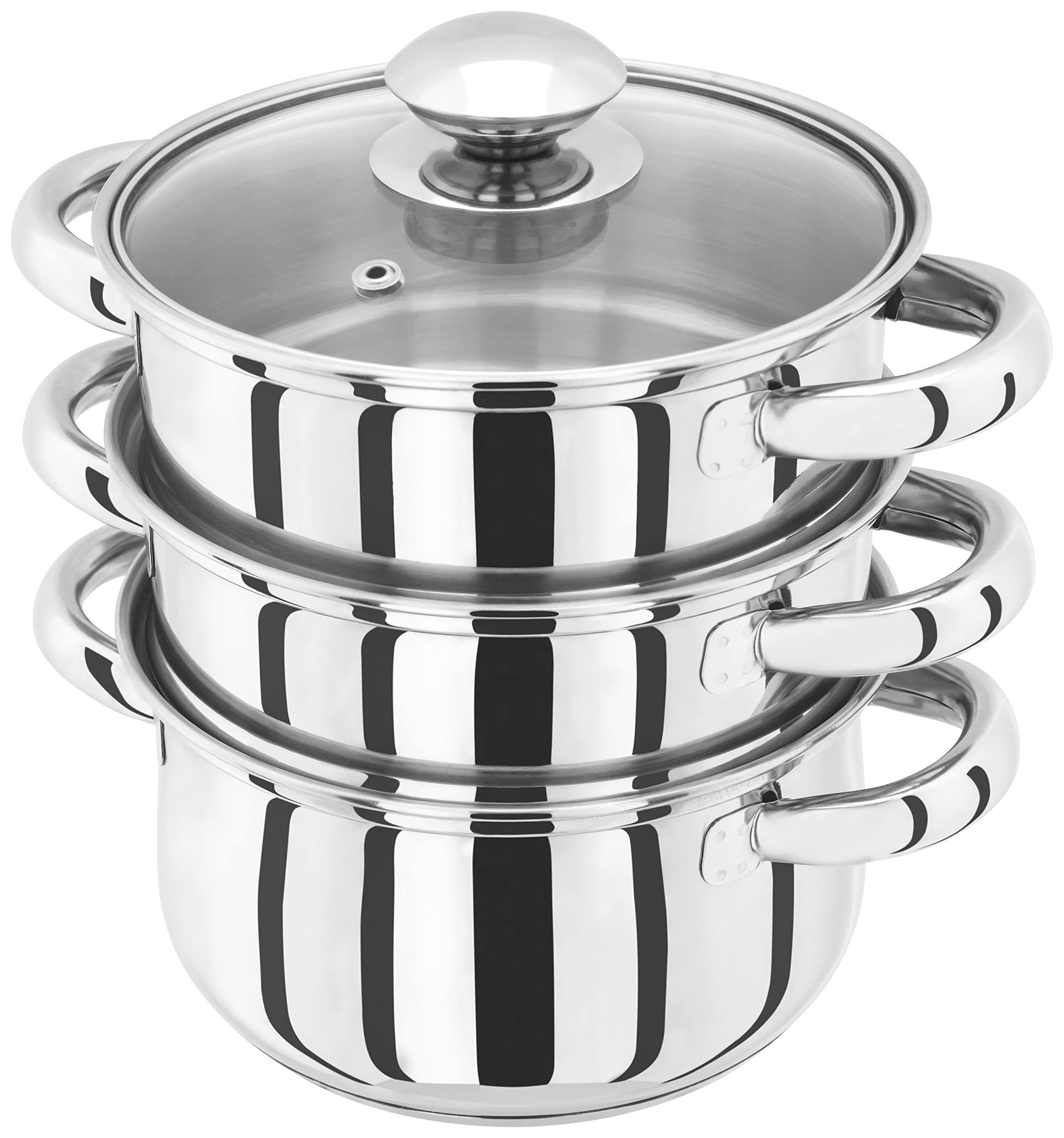 Judge Essentials - Vaporera de acero inoxidable de 3 niveles de 16 cm, tapa de vidrio ventilada, olla integral, apta para horno, lista para inducción