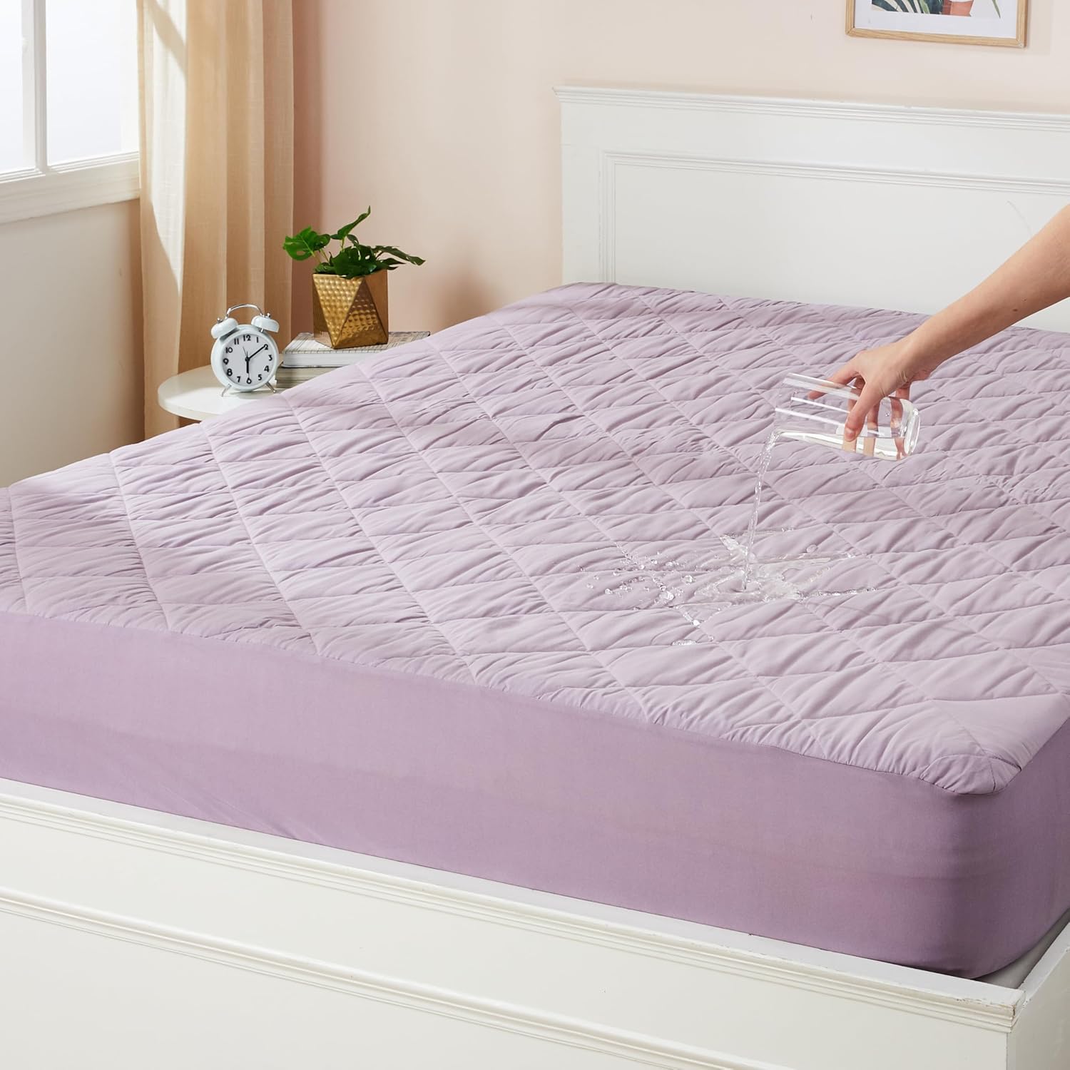 Amazon Basics Quilted Mattress Protector |78"x36"x12" | Waterproof & Hypoallergenic | Soft Cotton Fabric | TPU Laminated | Noiseless | Breathable with Airflow Tech | Extra Fluffy Microfiber Filling (Lavender)-image-6