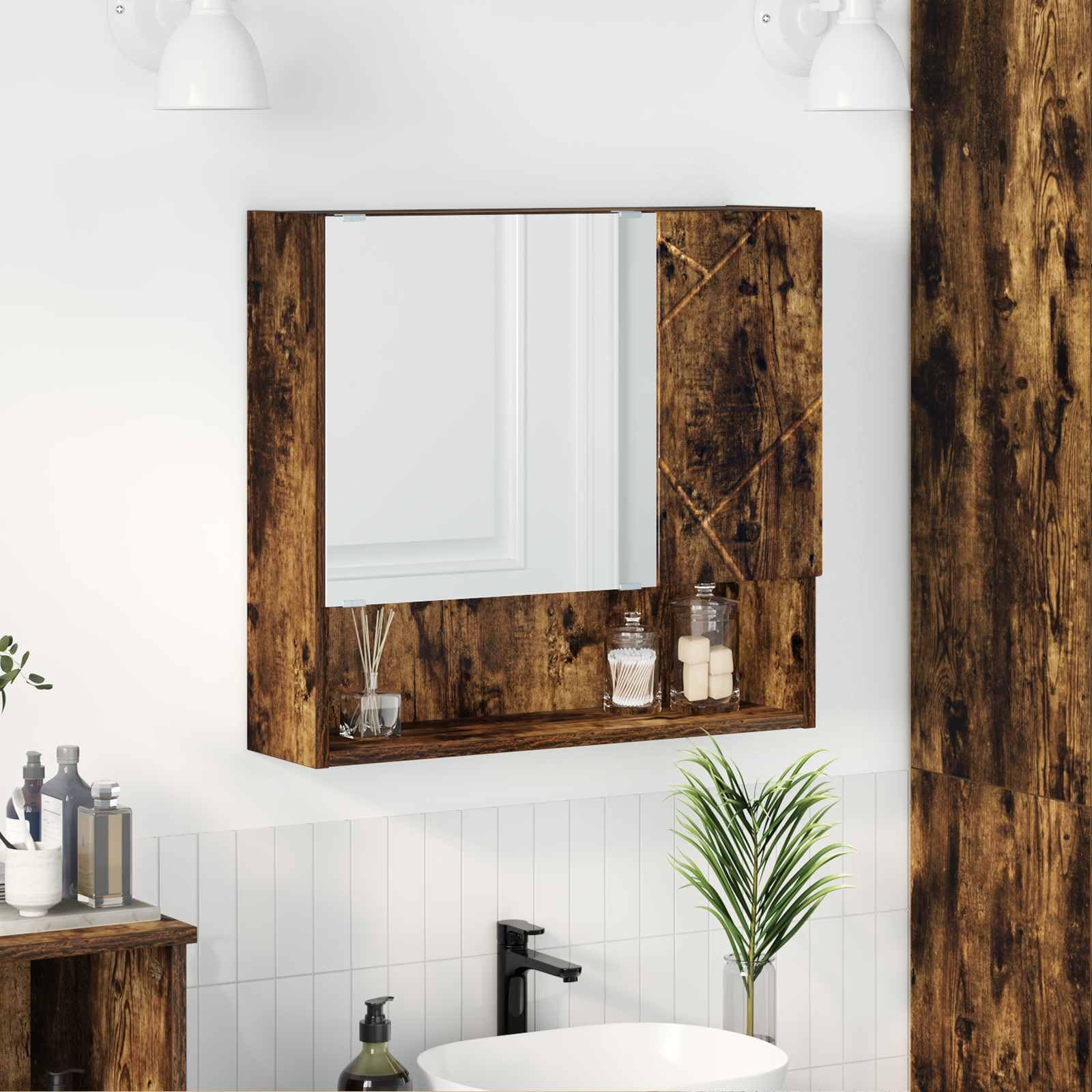 SYDE Armario Espejo Roble Ahumado 59 x 17 x 55 cm | Montaje en pared, Puerta con bisagras, Madera resistente a humedad, Uso interior