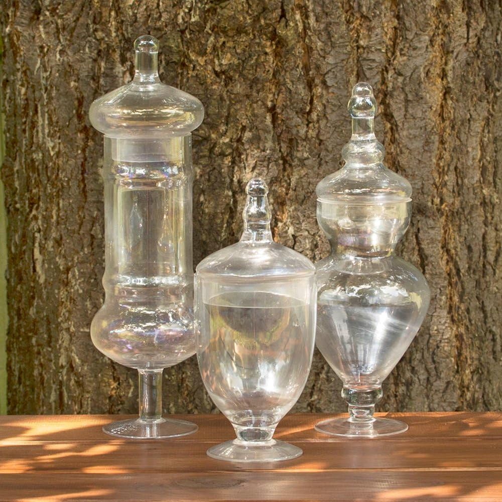 Apothecary Jars w/ Lids, Iridescent Glass, Assorted, Clear, Set of 3