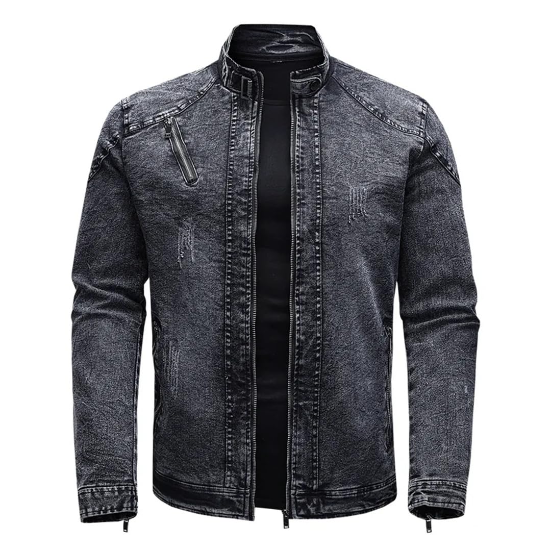Mężczyźni Retro Zamki Stojący Kołnierz Slim Fit Moto Biker Odzież Wierzchnia Motocykl Kurtka Dżinsowa
