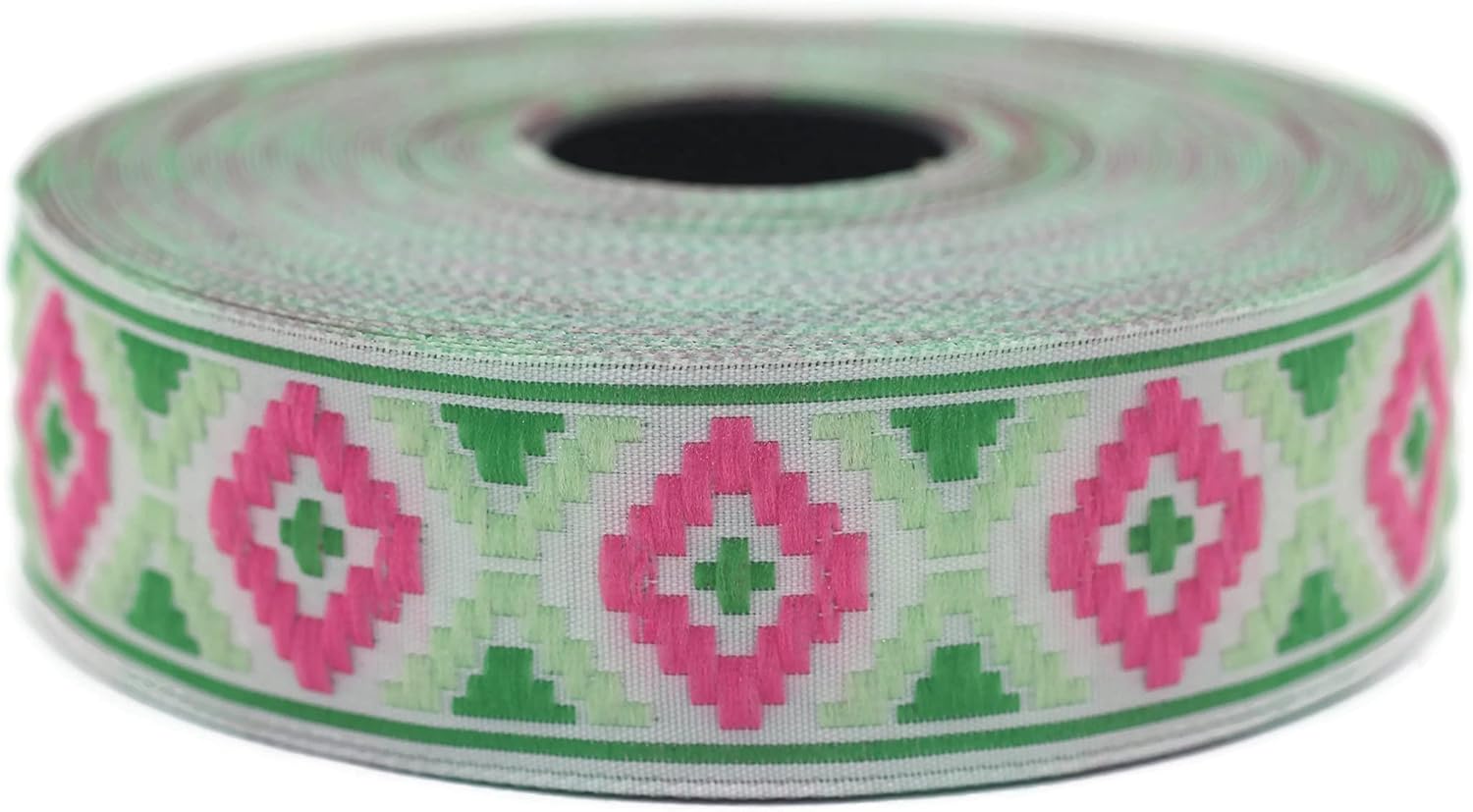 11 Yards Spool 0.98" Green & Pink Diamond Jacquard Ribbon for Clothing Accessories Woven Border Costume Sewing Trim DIY Craft Supplies 25914