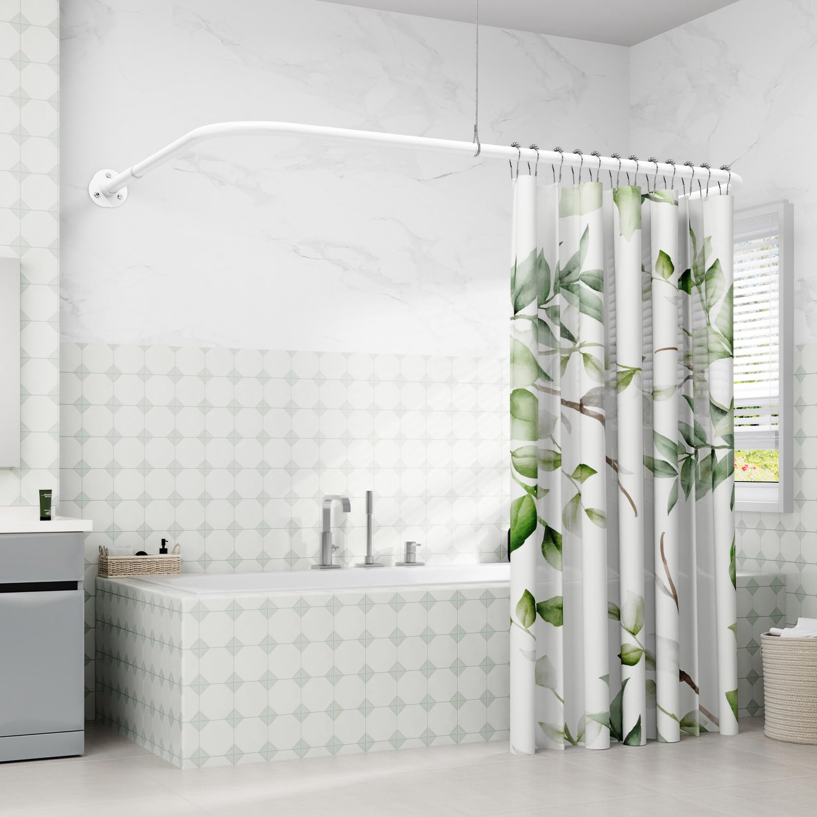Duschvorhangstange U Form & L Form, (60-93) X (77-197) X (60-93) CM Verstellbare Duschstange U Form mit 12 Vorhangringen und Deckenstütze für Badewanne/Dusche, Bohren Erforderlich - Weiß