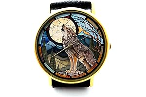 Charming Wolf and Moon Leather Watch, an Exquisite Timepiece for the Refined Individual