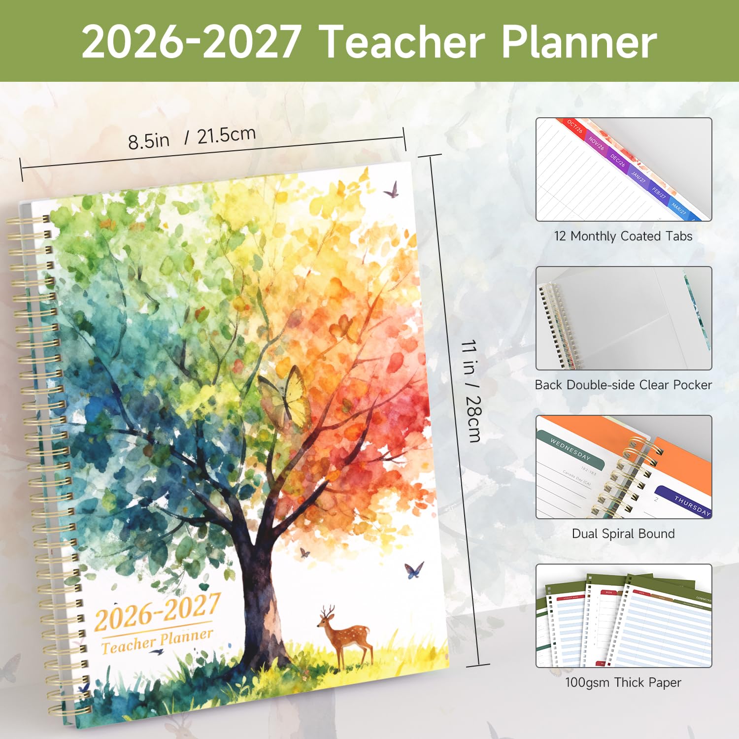 Planificador para profesores 2026-2027, planificador de lecciones Lite con 7 períodos, julio de 2026 a junio de 2027, 8.5 x 11 pulgadas, organizador semanal y mensual con carpeta de bolsillo, pestañas