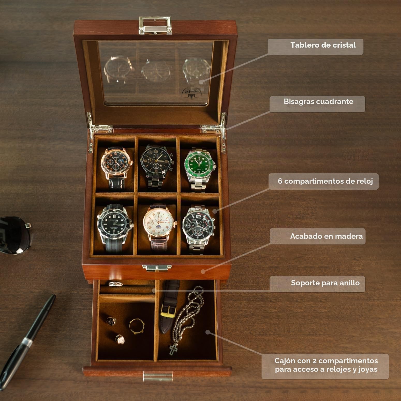 Slege Caja para Relojes Hecha a Mano de Madera, 6 Compartimentos y 2 Niveles con Cajón, Tapa de Madera con Ventana de Vidrio, Organizador Grande, Regalo Elegante para Hombre y Mujer