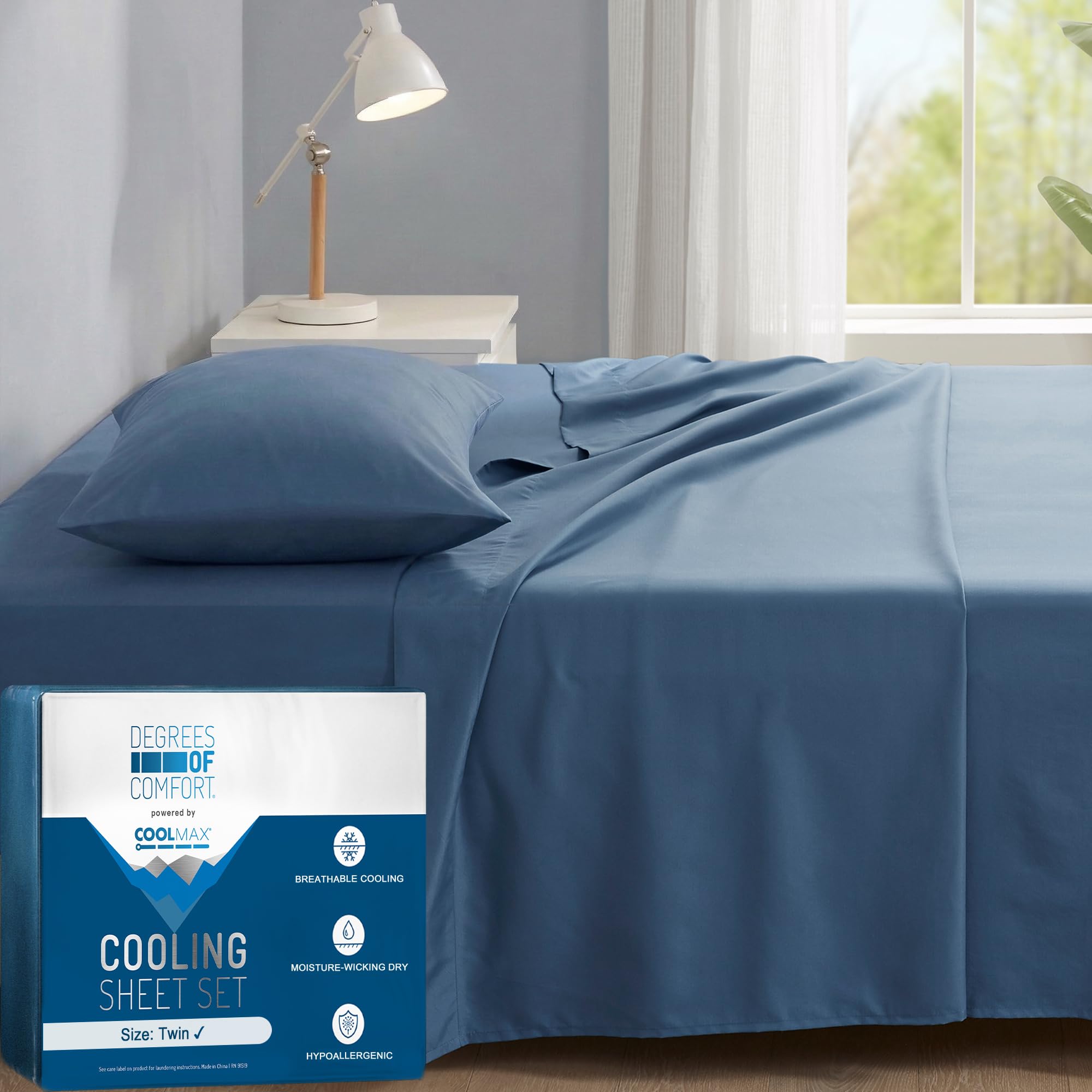 Degrees of Comfort Coolmax Cooling Sheet Set for Twin Size Bed, Moisture Wicking for Night Sweats Best Comfort, Cool Sheets for Hot Sleepers During Warm Weather with Deep Pocket, Teal-3PC