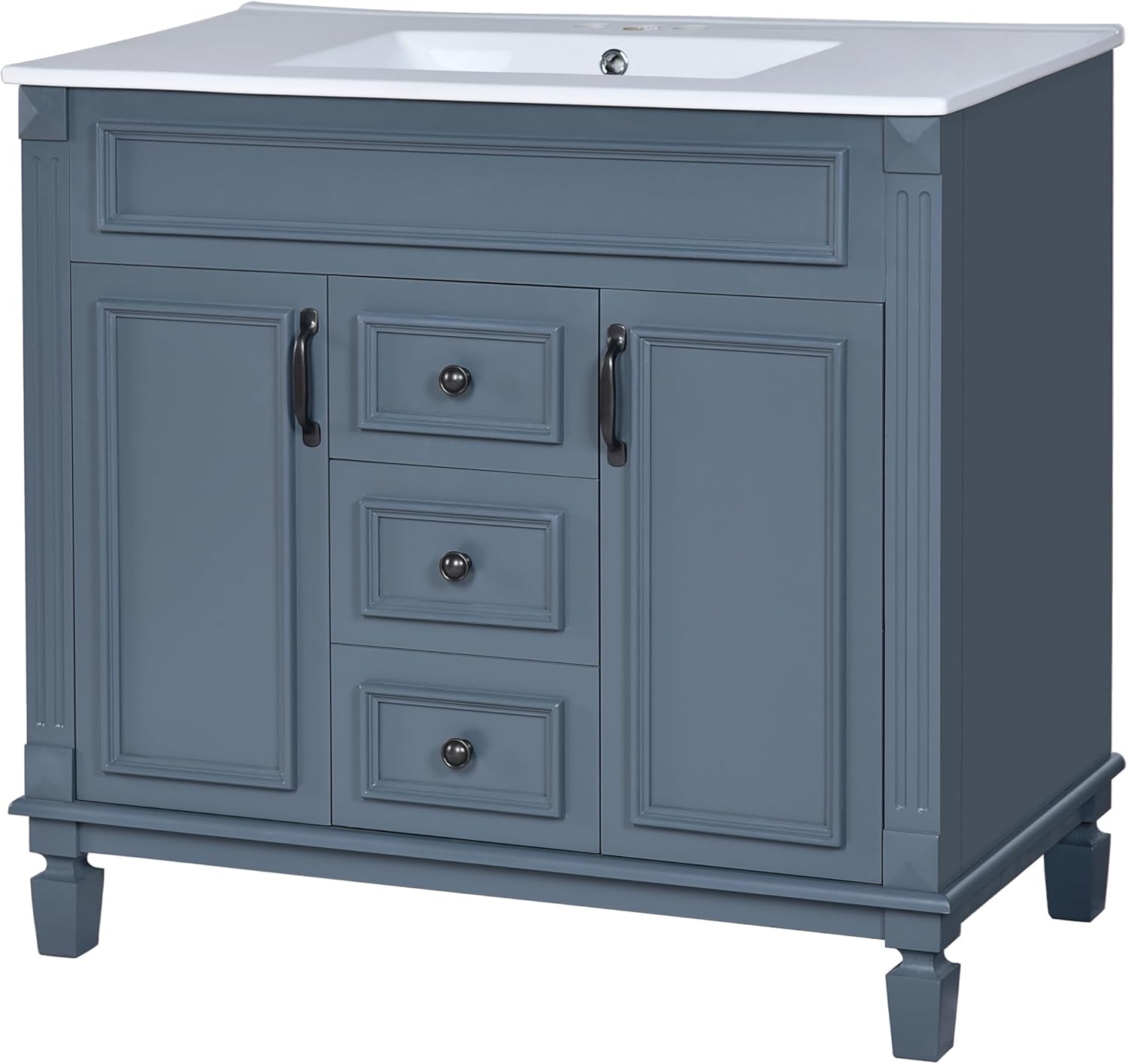 Virubi 36 Inch Bathroom Vanity with Ceramic Sink, Solid Wood Frame Storage Cabinet with 2 Drawers and 2 Doors, Freestanding Modern Bathroom Vanities with Black Metal Handle and Knobs