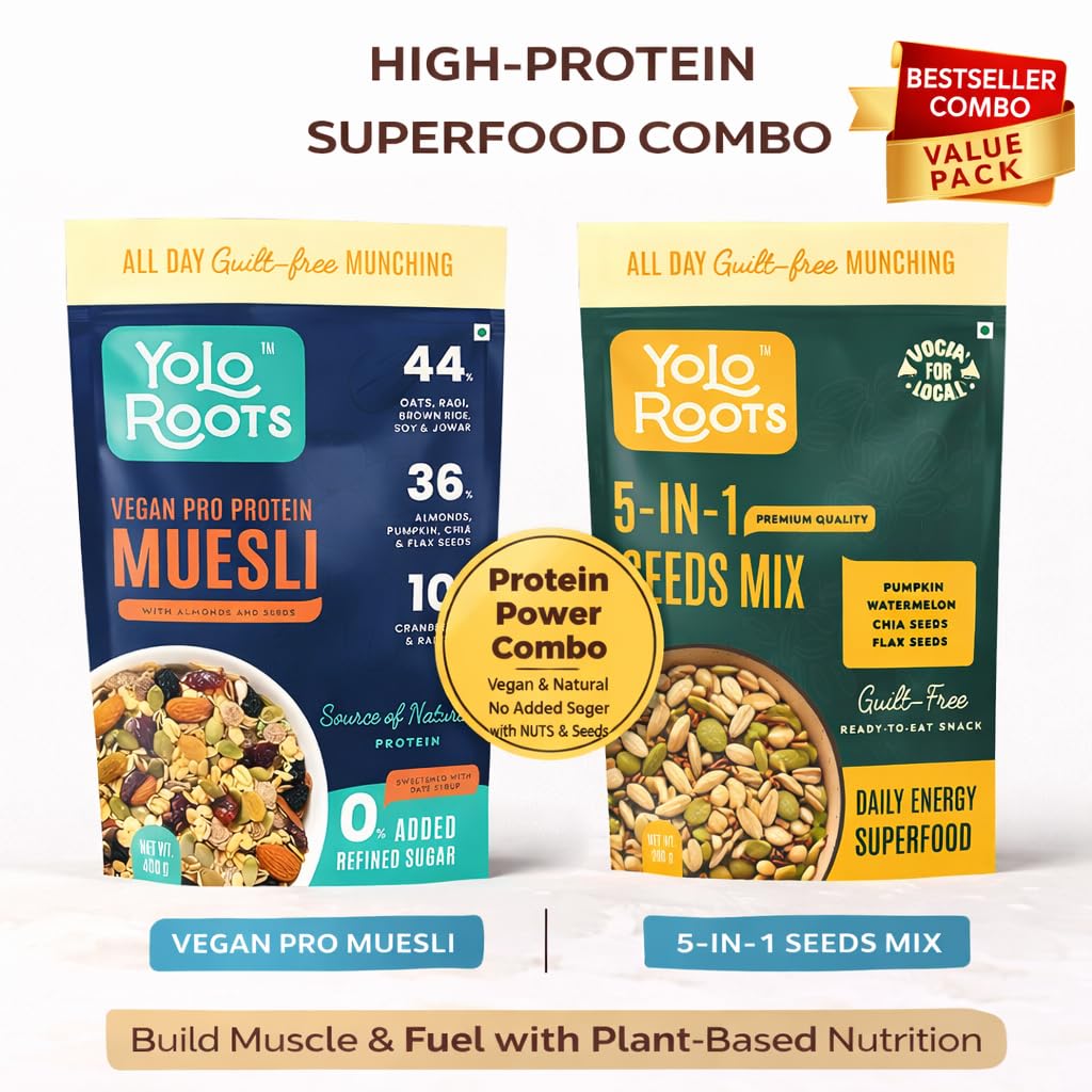 Yolo Roots Vegan Pro Protein Muesli 400g + 5 in 1 Seed Mix 200g Combo | 16g Protein Multigrain Fruit Nut Muesli, No Added Sugar, Gluten Free Breakfast & Healthy Seeds Snack (Pack of 2) 2