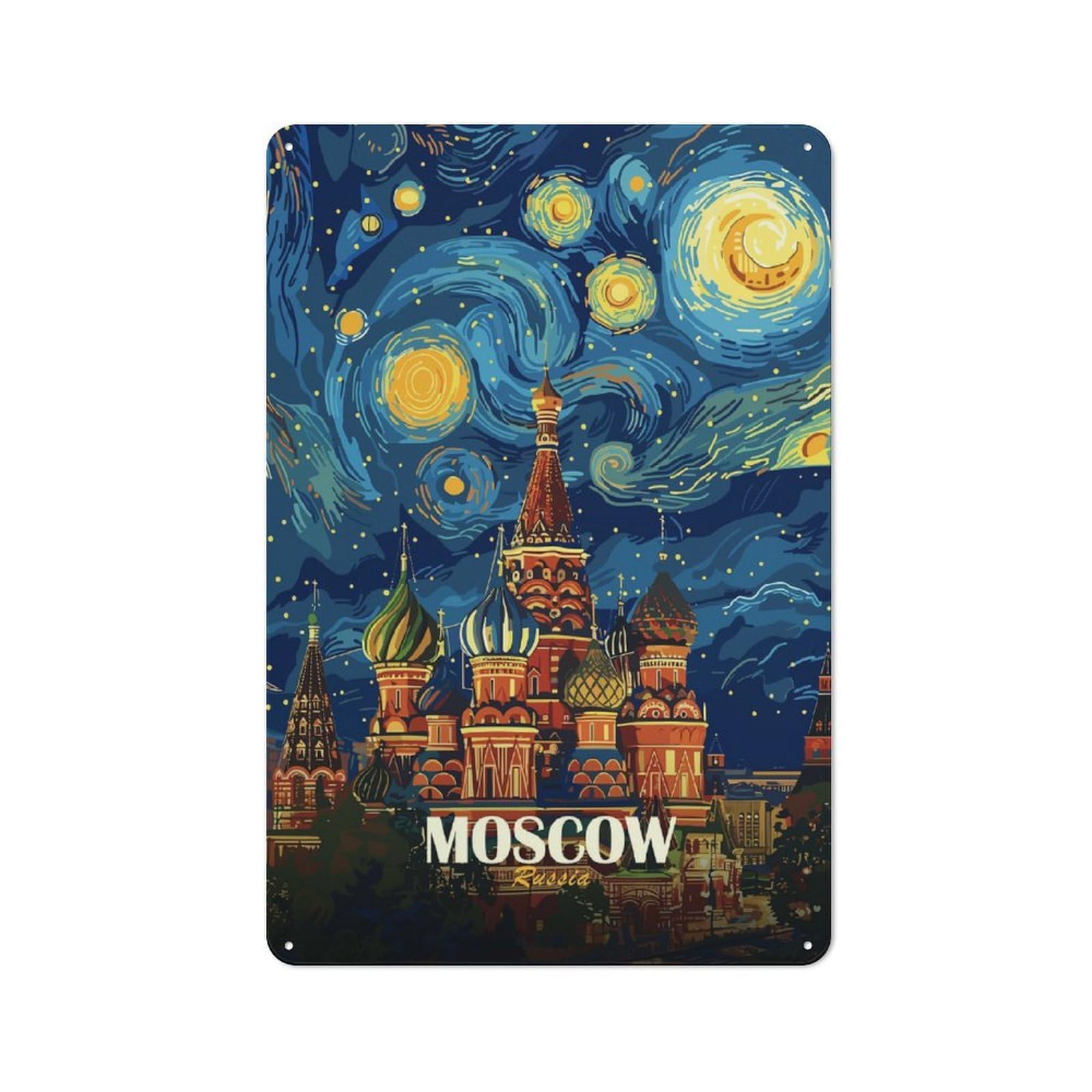 Junmoney Style-19 Moscow Russia Starry Night Style Art Retro Metal Wall Sign 30X20cm For Guest Room Or Hallway, A Housewarming Gift For Home Decor Collectors