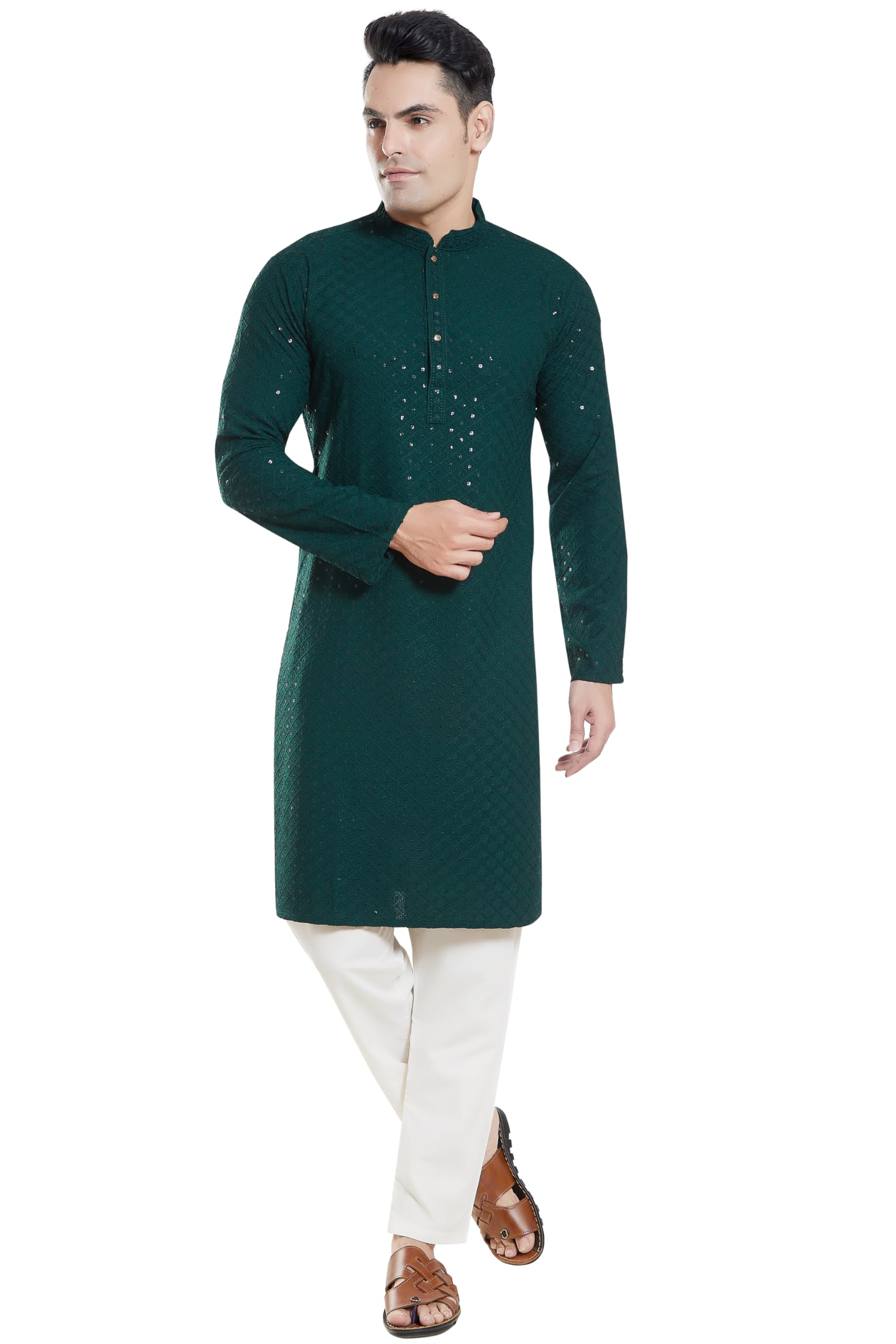 Divisive Men's Sequince Embroidered Cotton Blend Only Slim Fit Kurta (Dkrt136_M_Bottle Green)
