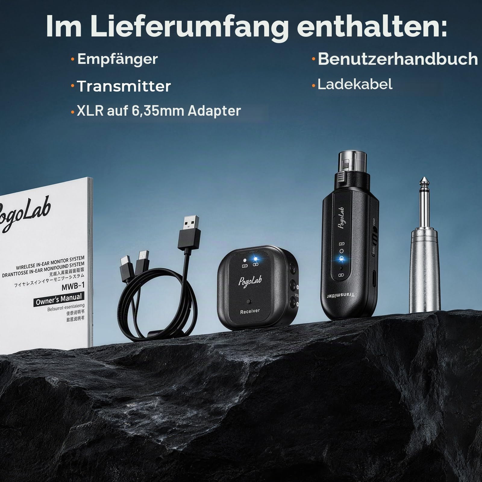 POGOLAB UHF In-Ear-Monitorsystem mit XLR-Anschluss, tragbares kabelloses In-Ear-Monitorsystem mit Lautstärkeregler und 2 Eingangsmodi, ideal für Bandproben, Live-Auftritte, Studio-Einsatz