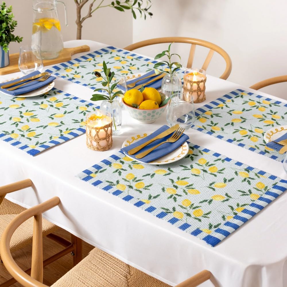 furn. Lemons Placemats - Washable Striped Mediterranean Fruits Set of 4 Quick Drying Table Mats (Blue - 46x36cm) - Image 4